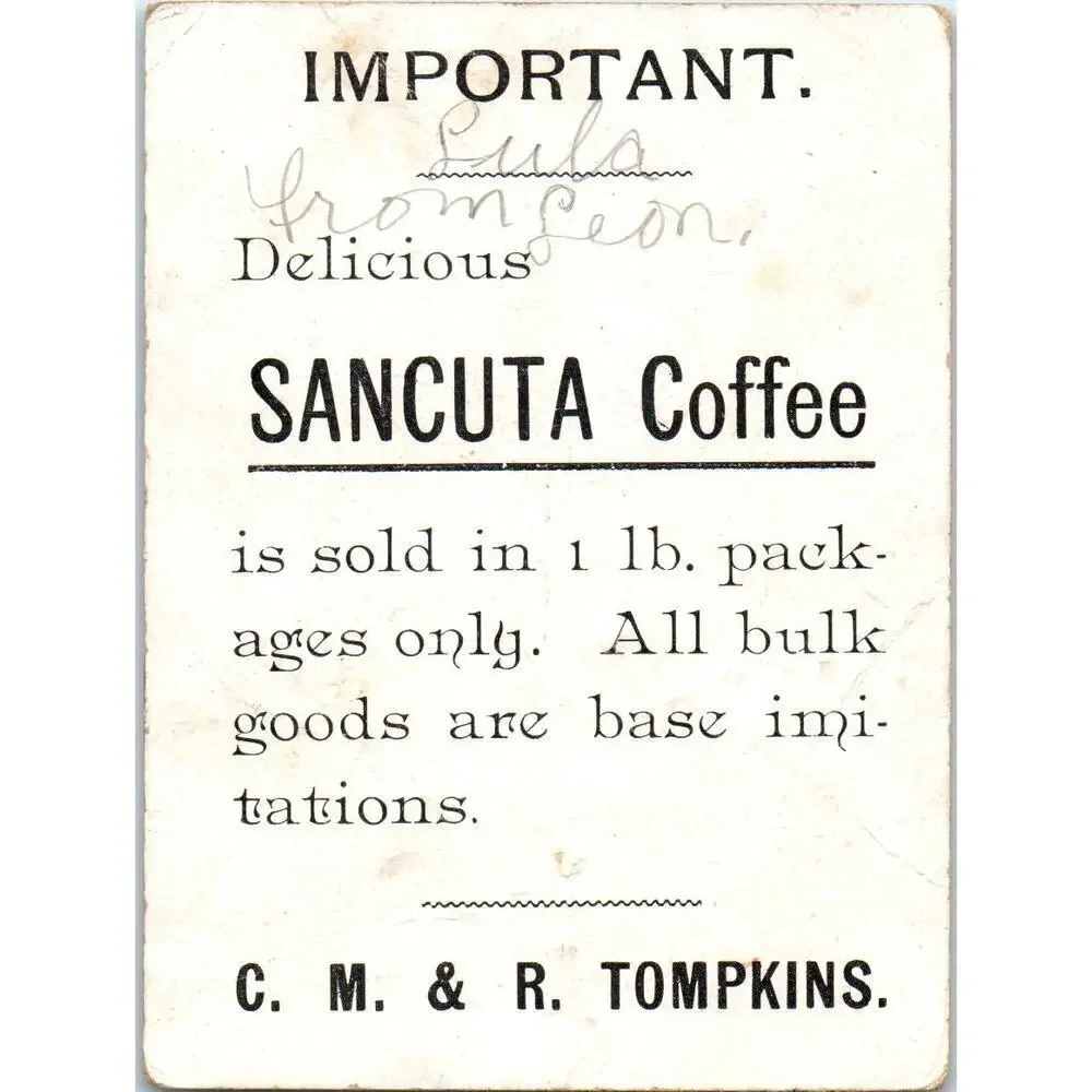 Sancuta Coffee C.M. & R. Tompkins c1880 Victorian Trade Card AF1-AP8 - Picture 2 of 2